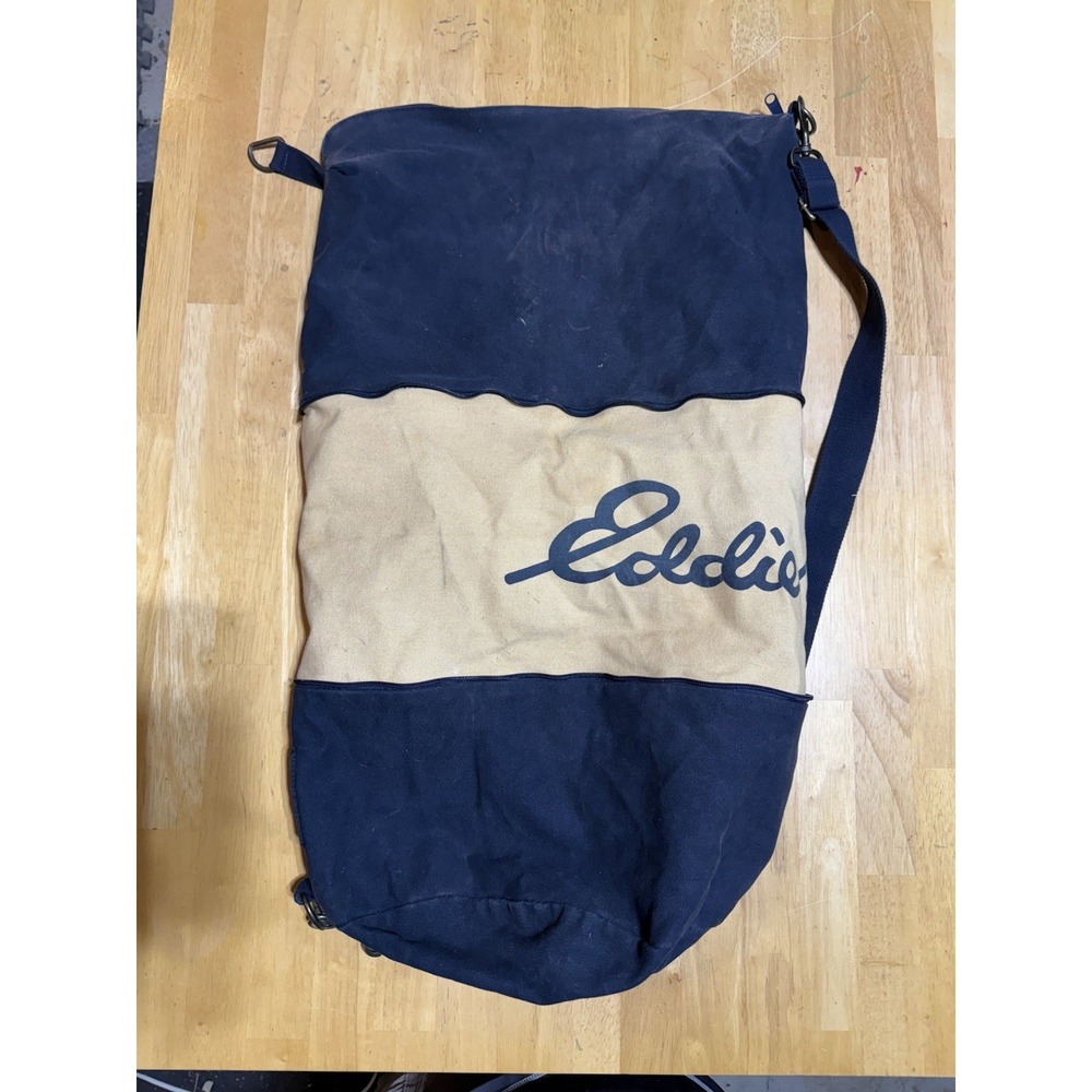 Vintage Eddie Bauer Expandable Laundry Bag Canvas Navy Tan Shoulder Strap 28x18